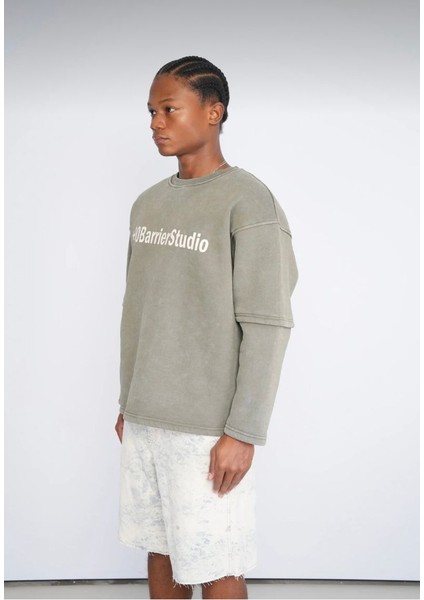 Oversize Dirsek Detaylı Haki Sweatshirt modelleri