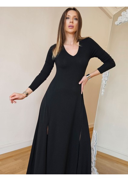 Buketli Kadın Uzun Kollu V Yaka Çift Yırtmaçlı Basic Elbise