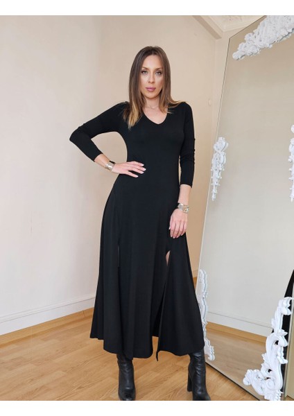 Buketli Kadın Uzun Kollu V Yaka Çift Yırtmaçlı Basic Elbise fiyatları