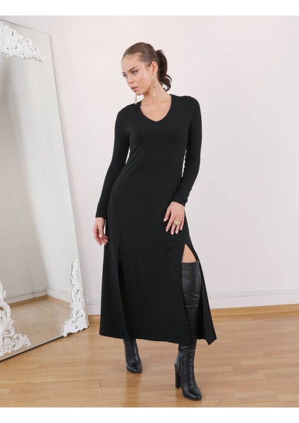 Buketli Kadın Uzun Kollu V Yaka Çift Yırtmaçlı Basic Elbise modelleri