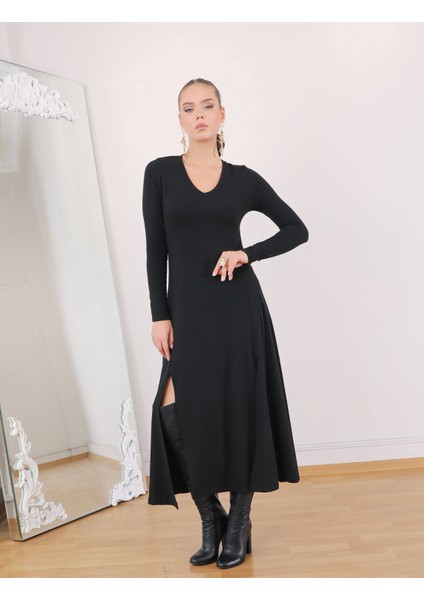 Buketli Kadın Uzun Kollu V Yaka Çift Yırtmaçlı Basic Elbise fırsatları