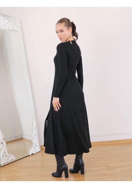 Buketli Kadın Uzun Kollu V Yaka Çift Yırtmaçlı Basic Elbise indirimleri