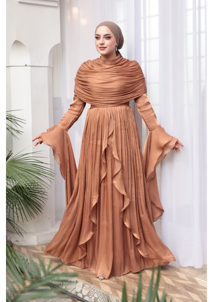 - Fırfır Detaylı Taba Tesettür Abiye Elbise 53981TB