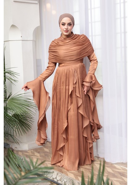 - Fırfır Detaylı Taba Tesettür Abiye Elbise 53981TB modelleri