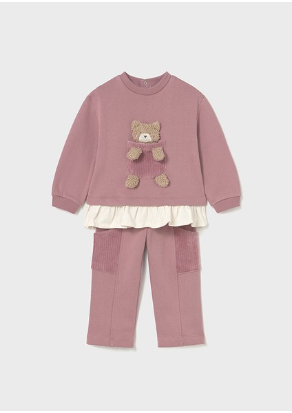 1-4 Yaş Kız Bebek Pembe Renk Ayıcık Detaylı Sweat ve Pantolon Takımı