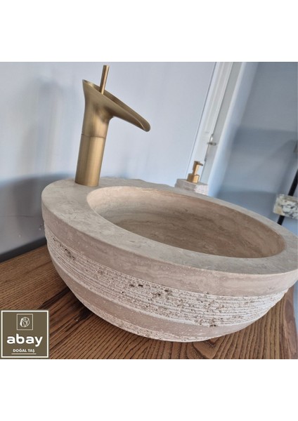 Traverten Taramalı Tasarım Çanak Lavabo -Bataryaçıkışlı
