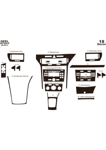 Opel Astra H Konsol-Torpido Kaplama 2013 18 Parça Koyu Meşe