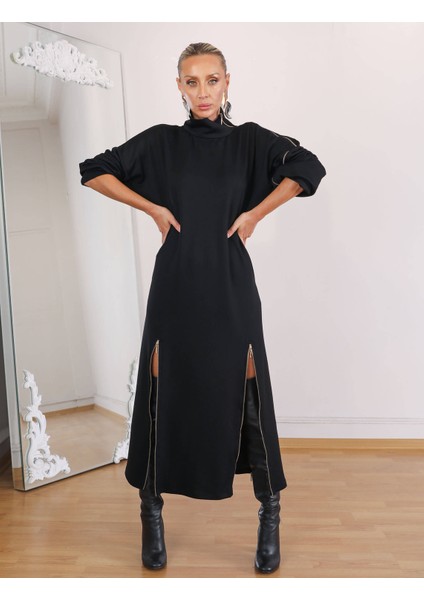 Buketli Kadın Dik Yaka Çift Yırtmaçı ve Sol Omzu Fermuar Detaylı Uzun Kollu Uzun Elbise