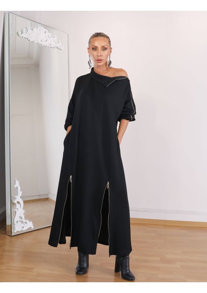 Buketli Kadın Dik Yaka Çift Yırtmaçı ve Sol Omzu Fermuar Detaylı Uzun Kollu Uzun Elbise modelleri