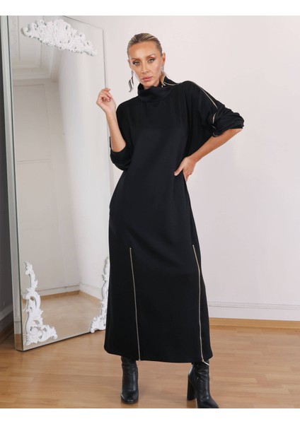 Buketli Kadın Dik Yaka Çift Yırtmaçı ve Sol Omzu Fermuar Detaylı Uzun Kollu Uzun Elbise fırsatları