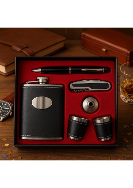 biton özel lüks hediye seti – deri kaplamalı çelik matara, 2 shot bardak, huni, kalem ve çakı tirbuşon modelleri