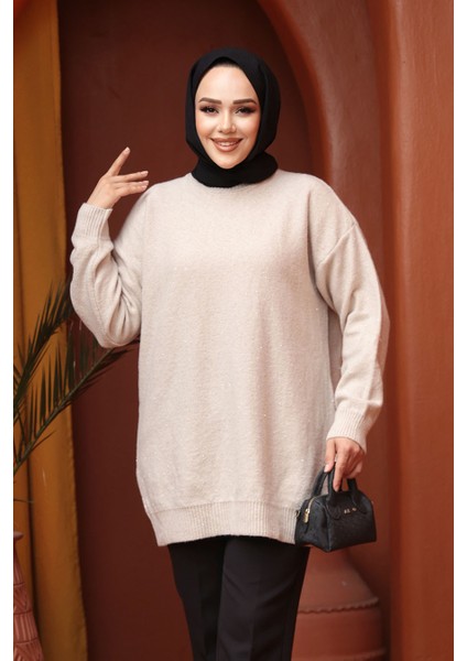 Bej Tesettür Triko Kazak Tunik 8824BEJ