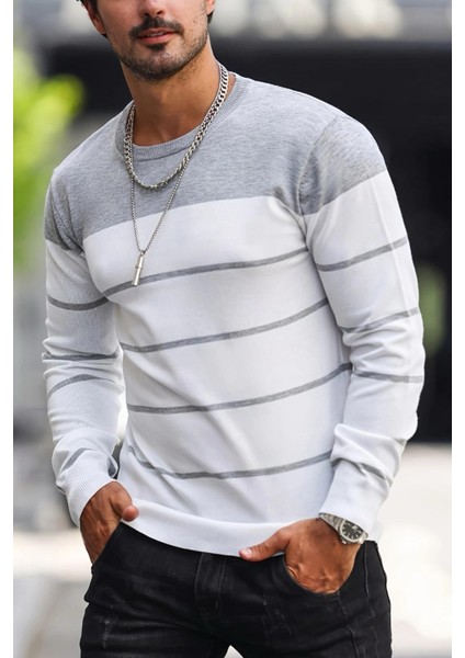 Santi Slim Fit Çizgili Bisiklet Yaka Erkek Triko Kazak