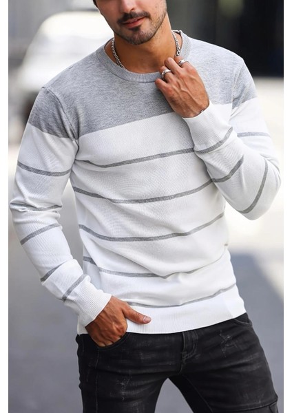 Santi Slim Fit Çizgili Bisiklet Yaka Erkek Triko Kazak modelleri