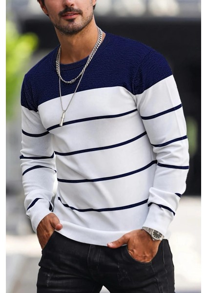 Santi Slim Fit Çizgili Bisiklet Yaka Erkek Triko Kazak