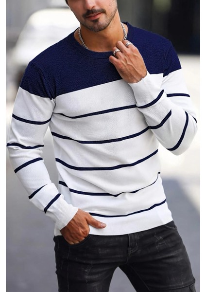 Santi Slim Fit Çizgili Bisiklet Yaka Erkek Triko Kazak modelleri