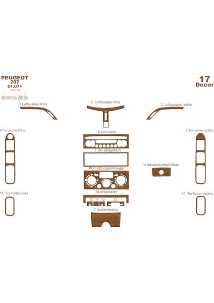 Peugeot 207 Konsol-Torpido Kaplama 2007 17 Parça Açık Meşe