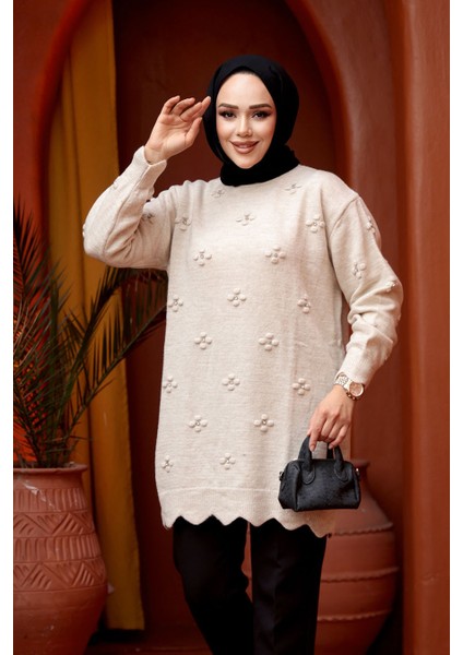 Çiçek Detaylı Bej Tesettür Triko Kazak Tunik 8764BEJ fiyatları