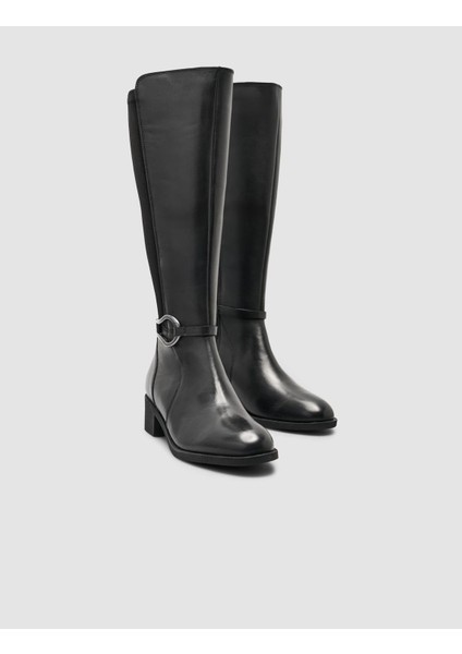%100 Hakiki Deri Siyah Streç Detaylı Kadın Çizme