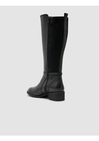 %100 Hakiki Deri Siyah Streç Detaylı Kadın Çizme