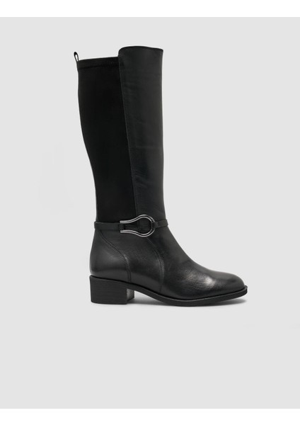 %100 Hakiki Deri Siyah Streç Detaylı Kadın Çizme