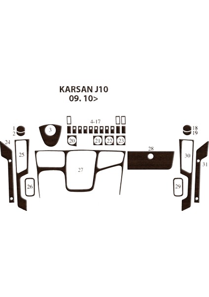 Peugeot Karsan J10 Konsol-Torpido Kaplama 2010 31 Parça Koyu Meşe