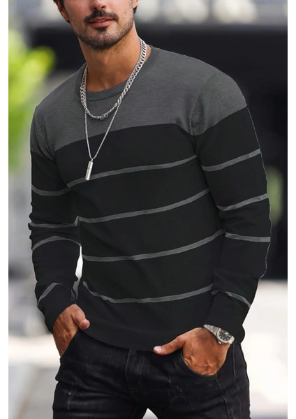 Santi Slim Fit Çizgili Bisiklet Yaka Erkek Triko Kazak