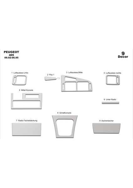 Peugeot 405 Konsol-Torpido Kaplama 1992-1995 9 Parça Alüminyum