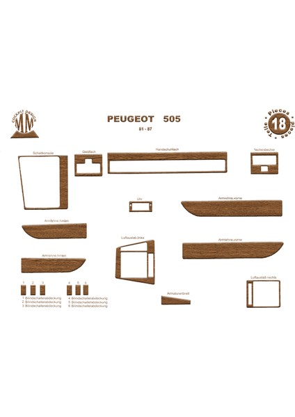 Peugeot 505 Konsol-Torpido Kaplama 1981-1987 18 Parça Açık Meşe