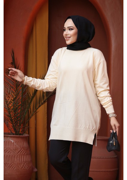 Desenli Bej Tesettür Triko Kazak Tunik 17211BEJ