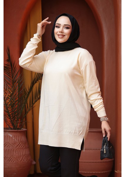 Desenli Bej Tesettür Triko Kazak Tunik 17211BEJ fiyatları