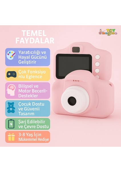 Çocuk Fotoğraf Makinesi – Hd Ekranlı, Şarjlı, Hediye Kablo ve Askı Dahil Hediye Setli