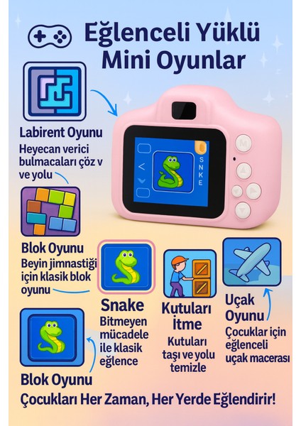 Çocuk Fotoğraf Makinesi – Hd Ekranlı, Şarjlı, Hediye Kablo ve Askı Dahil Hediye Setli