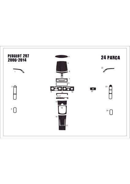 Peugeot 207 Konsol-Torpido Kaplama 2007 27 Parça Koyu Meşe