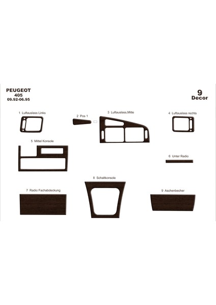 Peugeot 405 Konsol-Torpido Kaplama 1992-1995 9 Parça Koyu Meşe