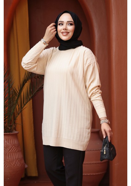 Bej Tesettür Triko Kazak Tunik 17210BEJ