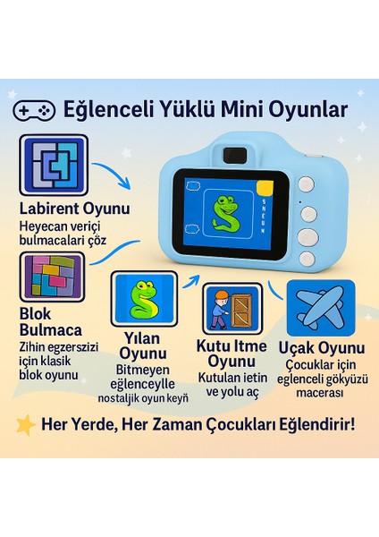 Çocuk Fotoğraf Makinesi – Hd Ekranlı, Şarjlı, Hediye Kablo ve Askı Dahil Hediye Setli