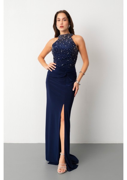 Kadın Lacivert Halter Yaka Taşlı Uzun Abiye Elbise fiyatları