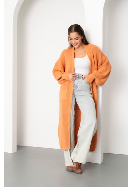 Kadın Tarçın Balon Kol Uzun Triko Hırka