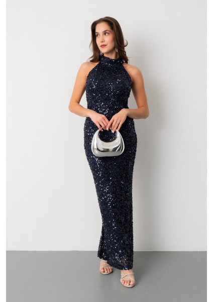Kadın Lacivert Halter Yaka Pul Payet Uzun Abiye Elbise
