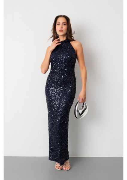 Kadın Lacivert Halter Yaka Pul Payet Uzun Abiye Elbise fiyatları