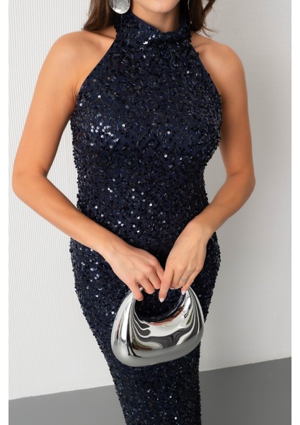 Kadın Lacivert Halter Yaka Pul Payet Uzun Abiye Elbise indirimleri