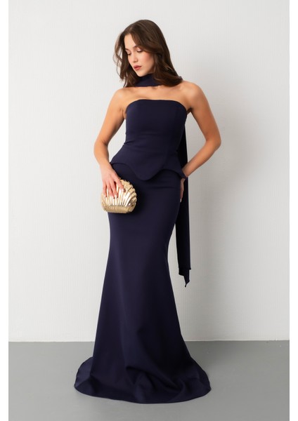 Kadın Lacivert Şal Yaka Straplez Söz Nişan Balık Abiye Elbise