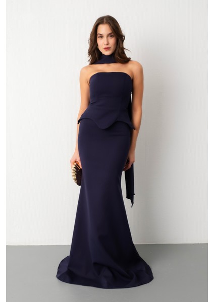 Kadın Lacivert Şal Yaka Straplez Söz Nişan Balık Abiye Elbise fiyatları