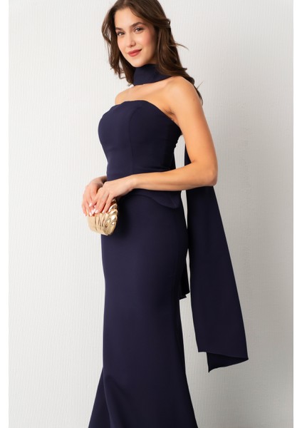Kadın Lacivert Şal Yaka Straplez Söz Nişan Balık Abiye Elbise modelleri