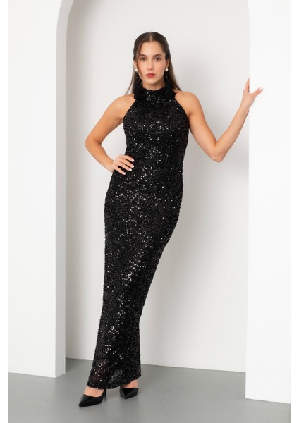 Kadın Siyah Halter Yaka Pul Payet Uzun Abiye Elbise