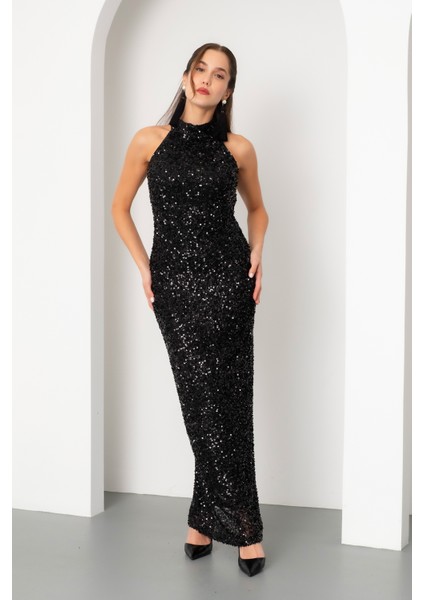 Kadın Siyah Halter Yaka Pul Payet Uzun Abiye Elbise fiyatları