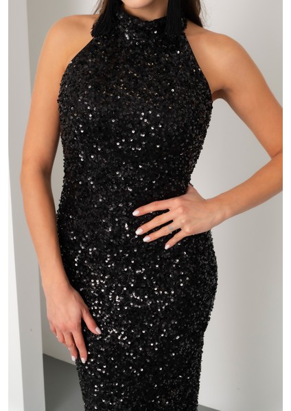 Kadın Siyah Halter Yaka Pul Payet Uzun Abiye Elbise fırsatları