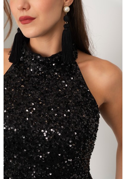 Kadın Siyah Halter Yaka Pul Payet Uzun Abiye Elbise indirimleri
