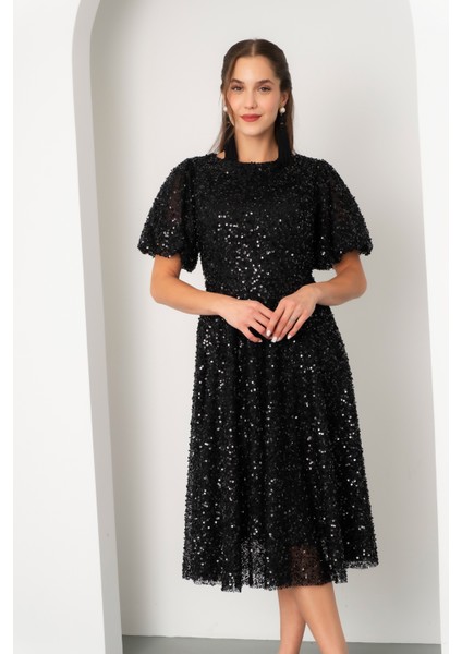 Kadın Siyah Balon Kol Pul Payet Midi Abiye Elbise modelleri
